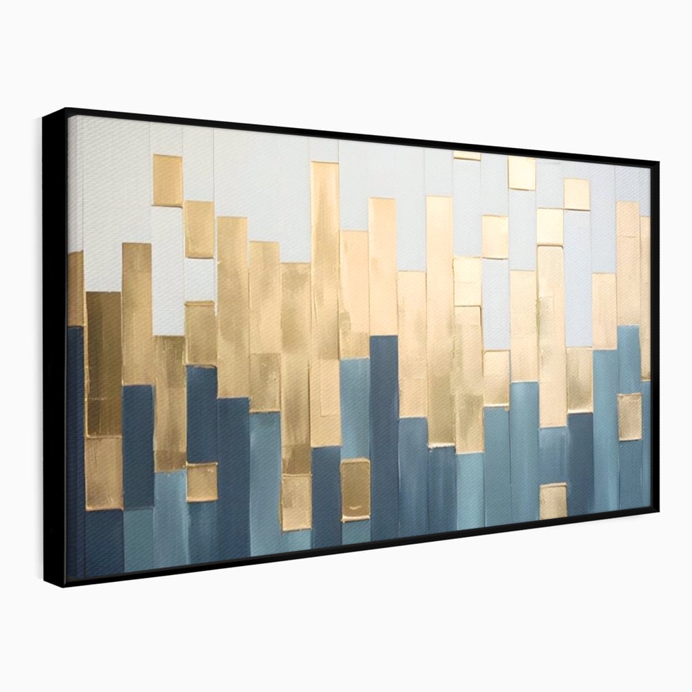 Tablou canvas cu tablou abstract cu benzi verticale aurii si albastre, in rama de aluminiu negru